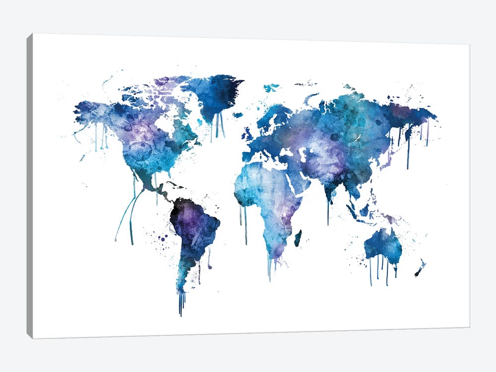 Watercolor Map Of The World Map, Blues & Purples by Michael Tompsett 1-piece Canvas Print