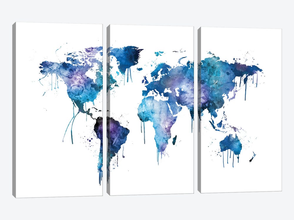 Watercolor Map Of The World Map, Blues & Purples by Michael Tompsett 3-piece Art Print