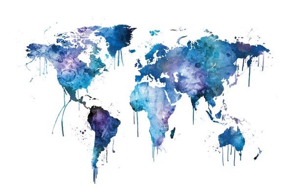 Large Map Art - Canvas Prints: Watercolor Blues Map Of The World by Michael Tompsett