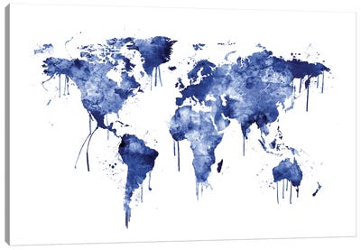 Watercolor Map Of The World Map, Blue Canvas Art Print - Abstract Maps Art