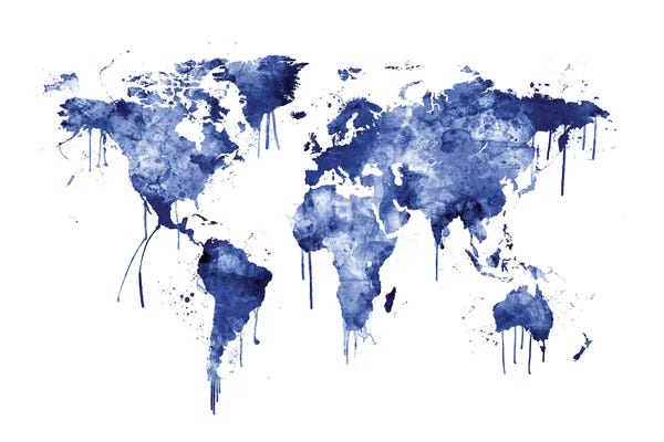 Large Map Art - Canvas Prints: Blue Watercolor Map Of The World by Michael Tompsett
