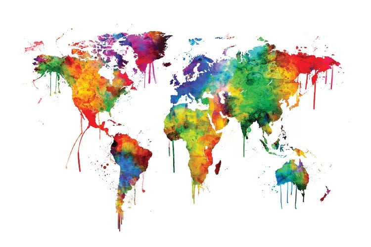 Watercolor Map Of The World Map, Bright Colors