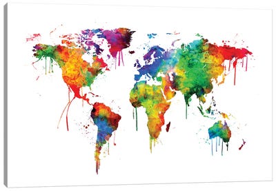Watercolor Map Of The World Map, Bright Colors Canvas Art Print - Michael Tompsett