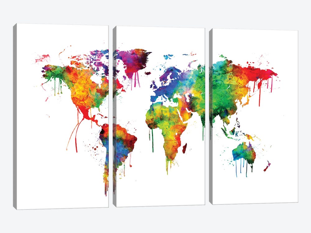 Watercolor Map Of The World Map, Bright Colors by Michael Tompsett 3-piece Art Print