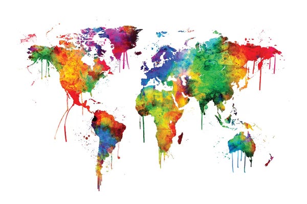 Large Modern Art - Canvas Prints: Bright Watercolor Map Of The World by Michael Tompsett
