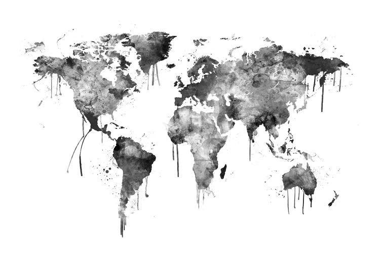 Watercolor Map Of The World Map, Gray Scale