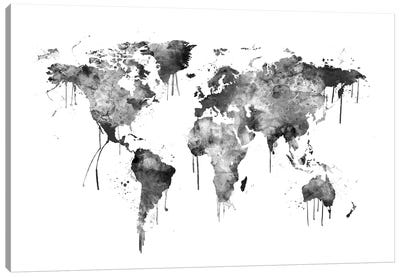 Watercolor Map Of The World Map, Gray Scale Canvas Art Print - Black & White Abstract Art