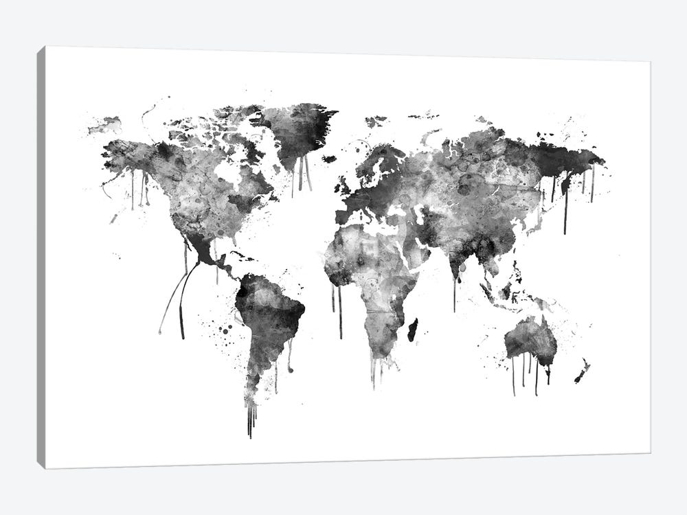 Watercolor Map Of The World Map, Gray Scale by Michael Tompsett 1-piece Canvas Art