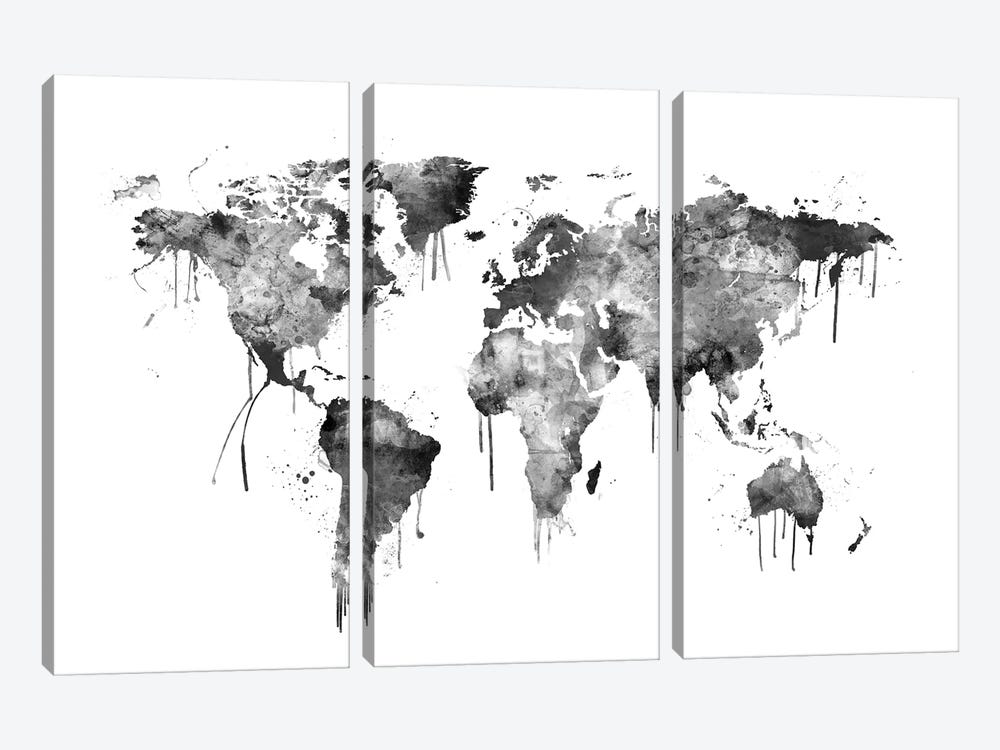 Watercolor Map Of The World Map, Gray Scale by Michael Tompsett 3-piece Canvas Wall Art