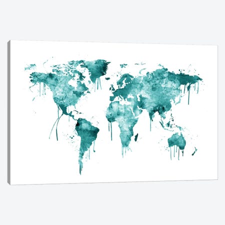 Watercolor Map Of The World Map, Teal Canvas Print #MTO526} by Michael Tompsett Canvas Art Print