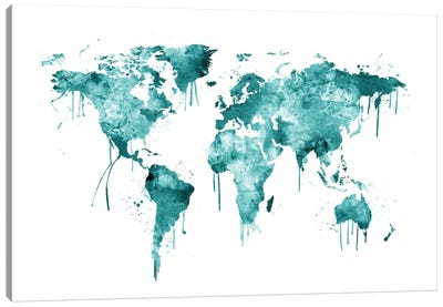 Watercolor Map Of The World Map, Teal Canvas Art Print - Teal Abstract Art