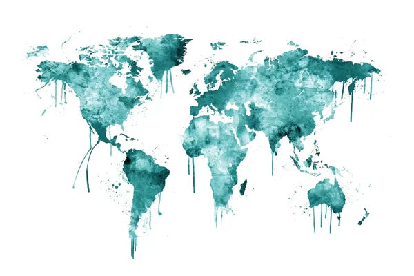Kids Map Art: Teal Watercolor Map Of The World by Michael Tompsett