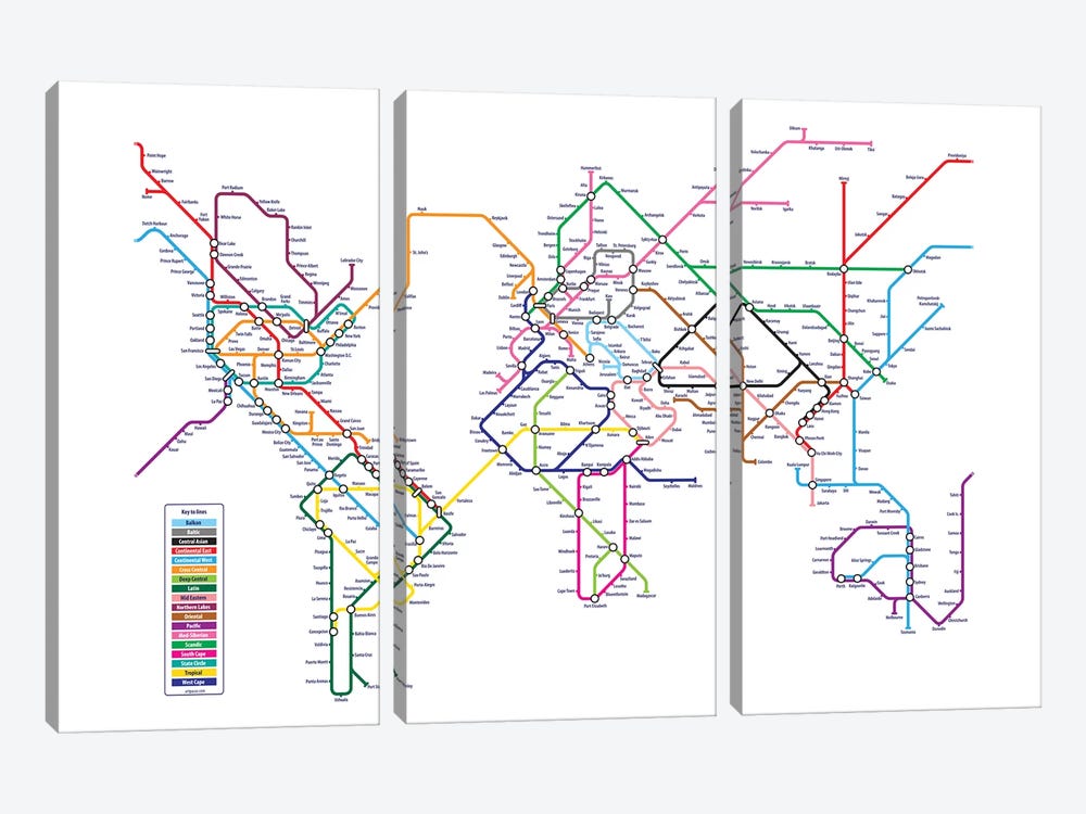World Metro Tube Map by Michael Tompsett 3-piece Canvas Print