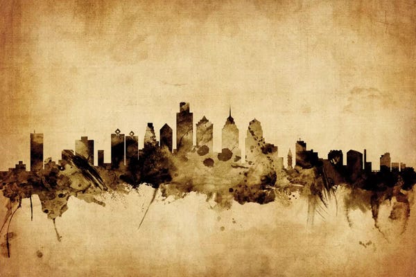 Michael Tompsett: Retro Skyline Of Philadelphia, Pennsylvania, USA by Michael Tompsett
