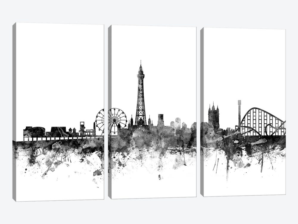 Blackpool, England In Black & White by Michael Tompsett 3-piece Canvas Art Print