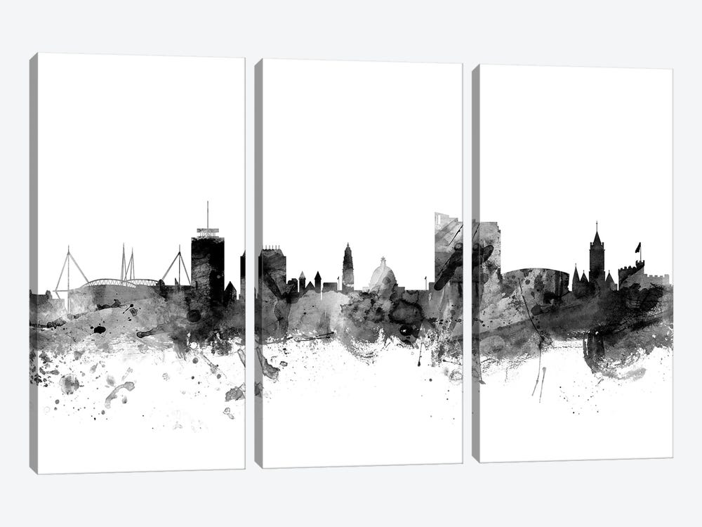 Cardiff, Wales In Black & White by Michael Tompsett 3-piece Canvas Print