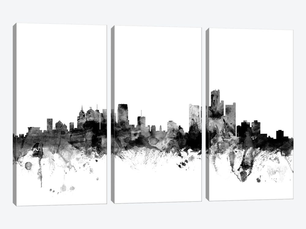 Detroit, Michigan In Black & White by Michael Tompsett 3-piece Canvas Print