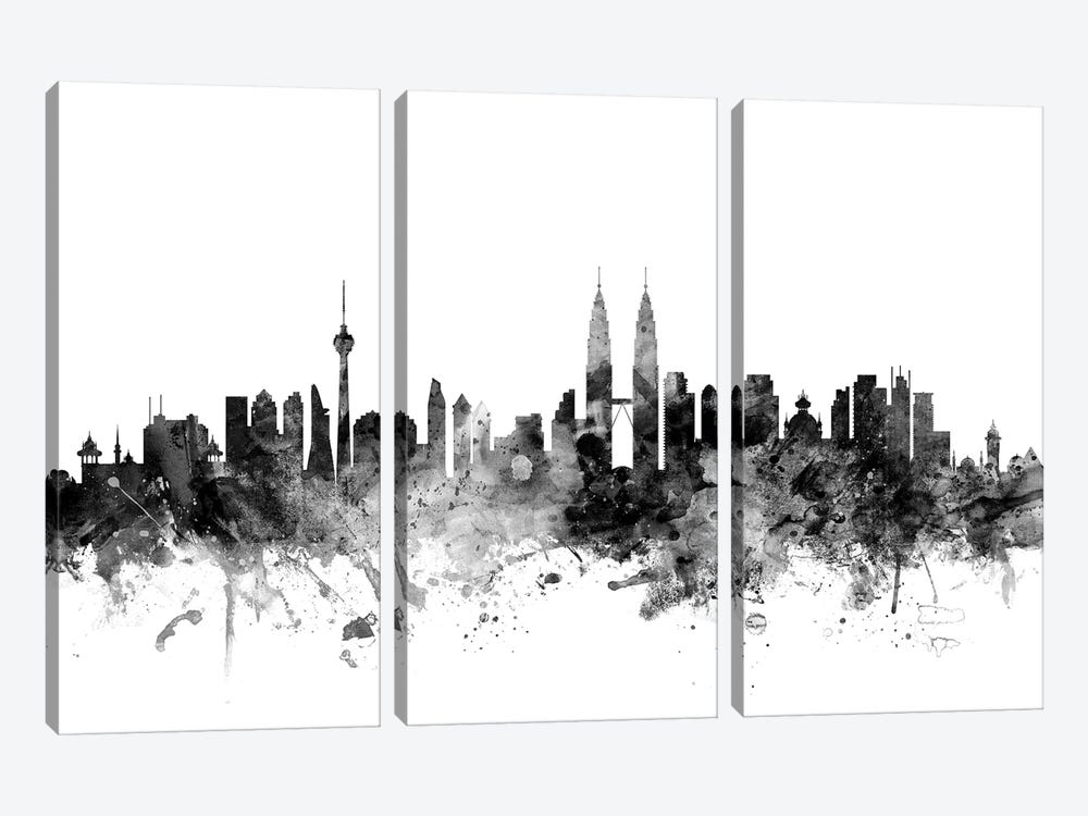Kuala Lumpur, Malaysia In Black & White by Michael Tompsett 3-piece Canvas Print