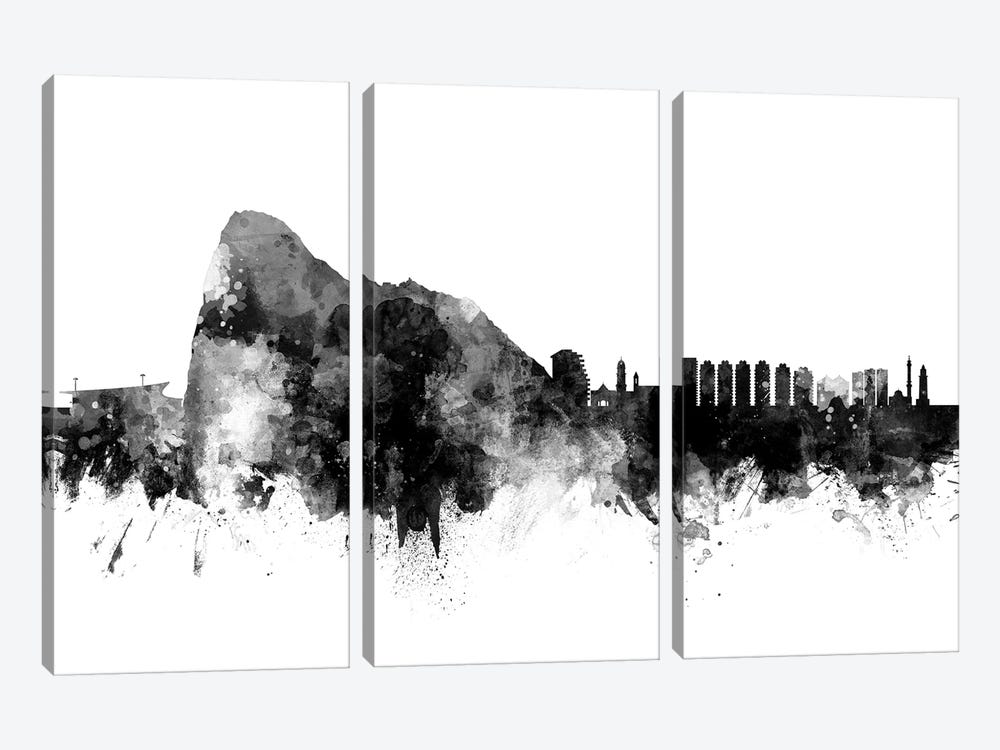 Gibraltar Skyline In Black & White by Michael Tompsett 3-piece Canvas Wall Art