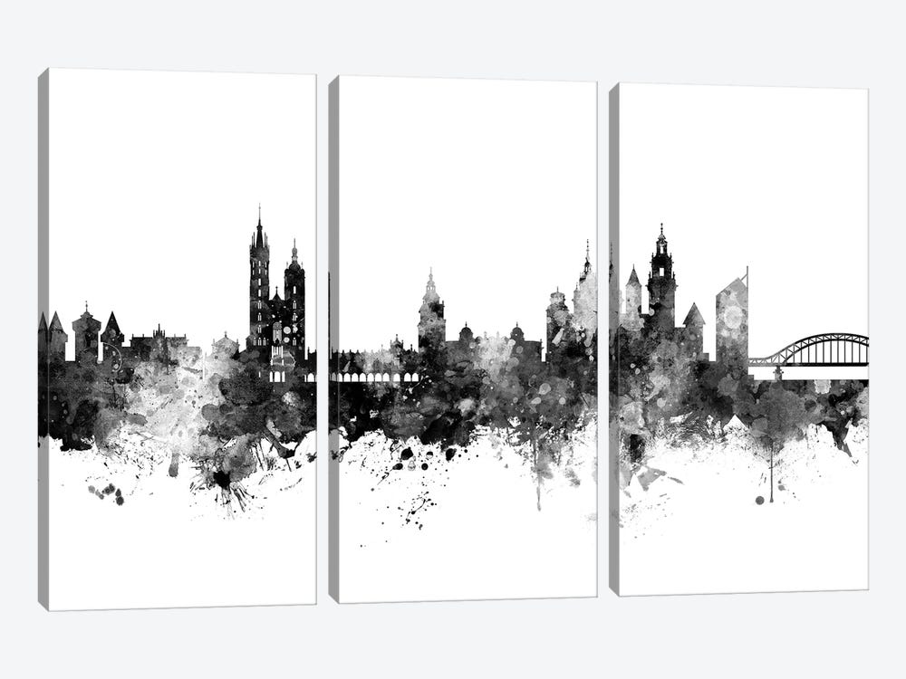 Krakow, Poland Skyline In Black & White by Michael Tompsett 3-piece Canvas Art