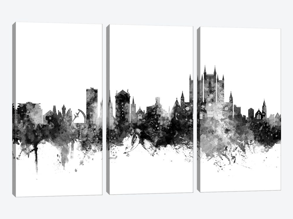 Lincoln, England Skyline In Black & White by Michael Tompsett 3-piece Canvas Wall Art