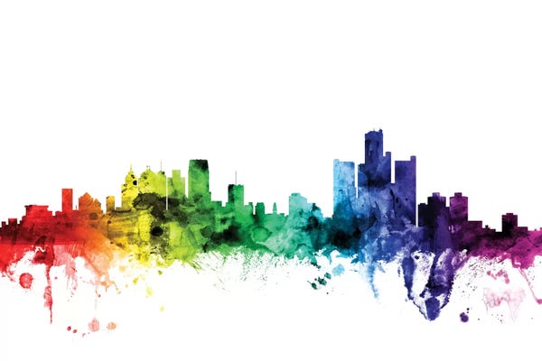 Michigan: Rainbow Skyline Of Detroit, Michigan, USA by Michael Tompsett