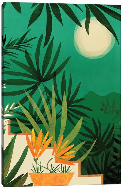 Exotic Garden Nightscape Canvas Art Print - Tropical Leaf Art