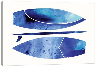 Indigo Surfboard Watercolor Canvas Art Print - Black, White & Blue Art