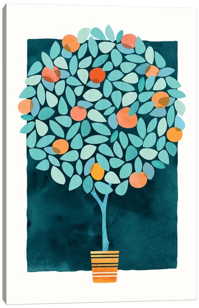 Orange Tree At Midnight Canvas Art Print - Teal Art