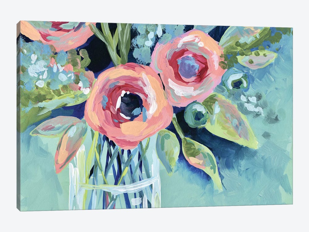 Flowers In A Mason Jar Aqua by April Moffatt 1-piece Canvas Art
