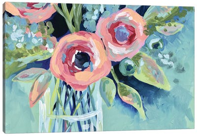 Flowers In A Mason Jar Aqua Canvas Art Print - April Moffatt