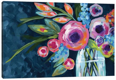 Flowers In A Mason Jar Indigo Canvas Art Print - April Moffatt