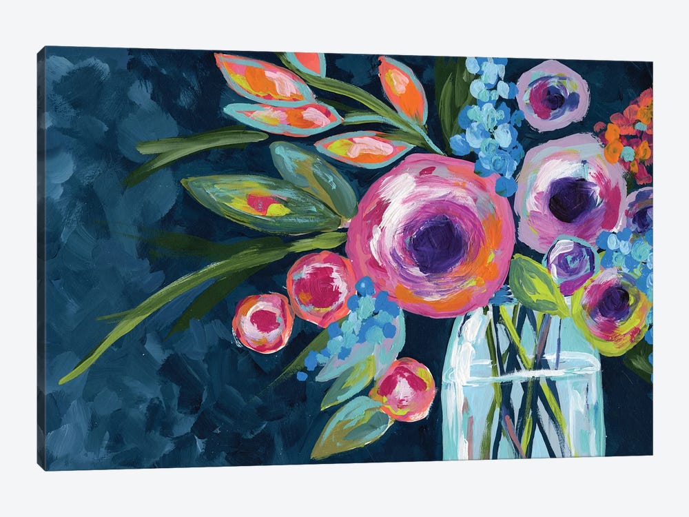 Flowers In A Mason Jar Indigo by April Moffatt 1-piece Canvas Print