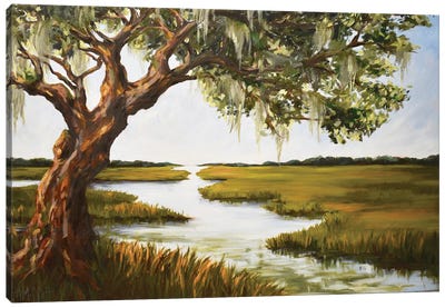 Oak Tree Over The Marsh Canvas Art Print - Marsh & Swamp Art