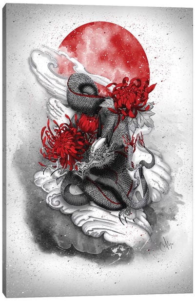 Dragon Canvas Art Print - Black, White & Red Art