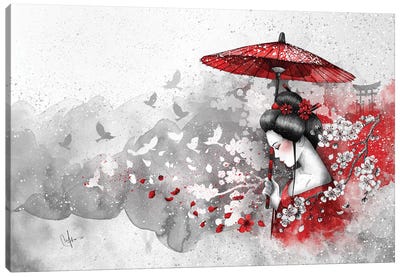 Falling Blossoms Canvas Art Print - Black, White & Red Art