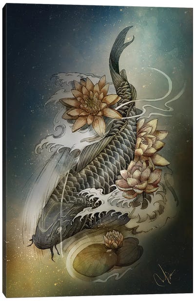 Koi And Lotus Canvas Art Print - Asian Décor