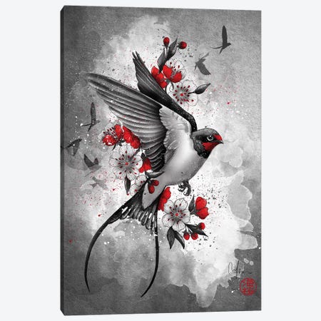 Swallows And Sakuras Canvas Print #MUP59} by Marine Loup Canvas Artwork