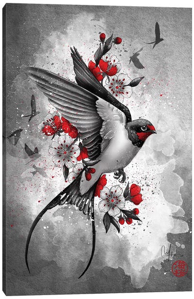 Swallows And Sakuras Canvas Art Print - Black, White & Red Art