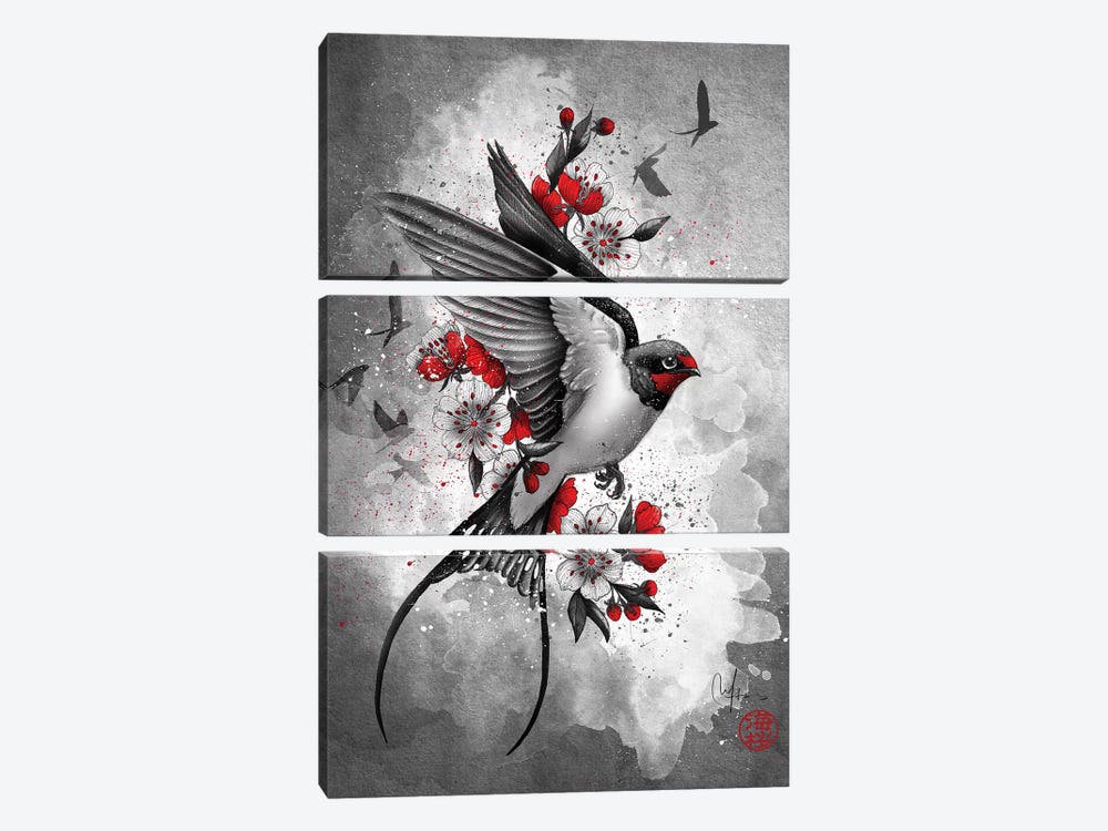 Swallows And Sakuras by Marine Loup 3-piece Canvas Art