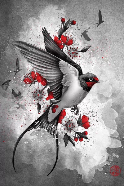Black & White & Red: Swallows And Sakuras by Marine Loup