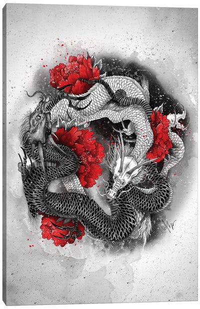 Two Dragons Canvas Art Print - Black, White & Red Art
