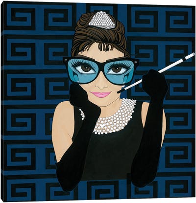 Audrey In Black & Blue Canvas Art Print - Classic Movie Art