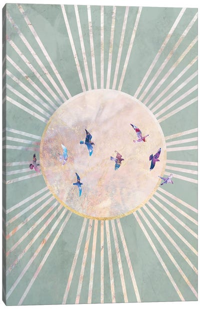 Green Boho Sun And Birds Canvas Art Print - Sarah Manovski