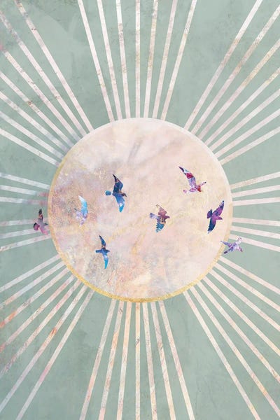Sarah Manovski: Green Boho Sun And Birds by Sarah Manovski