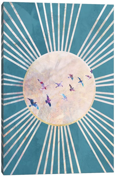 Turquoise Boho Sun And Birds Canvas Art Print - Sun Art