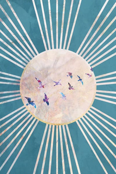 Sarah Manovski: Turquoise Boho Sun And Birds by Sarah Manovski