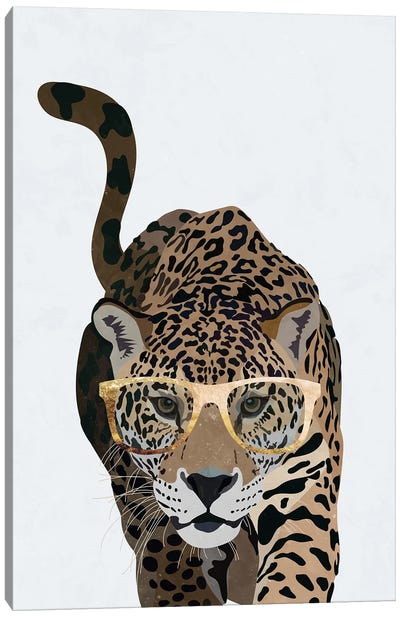 Curious Jaguar Wearing Glasses Canvas Art Print - Leopard Art