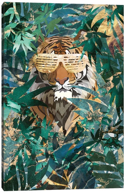 Hip Hop Tiger In The Jungle Canvas Art Print - Gold & Teal Art