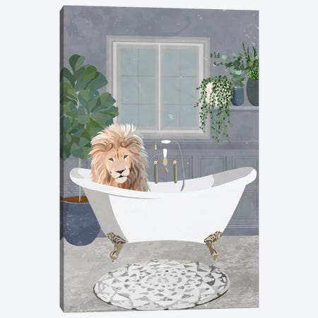 Lion Taking A Bath Canvas Print #MVS21} by Sarah Manovski Canvas Artwork